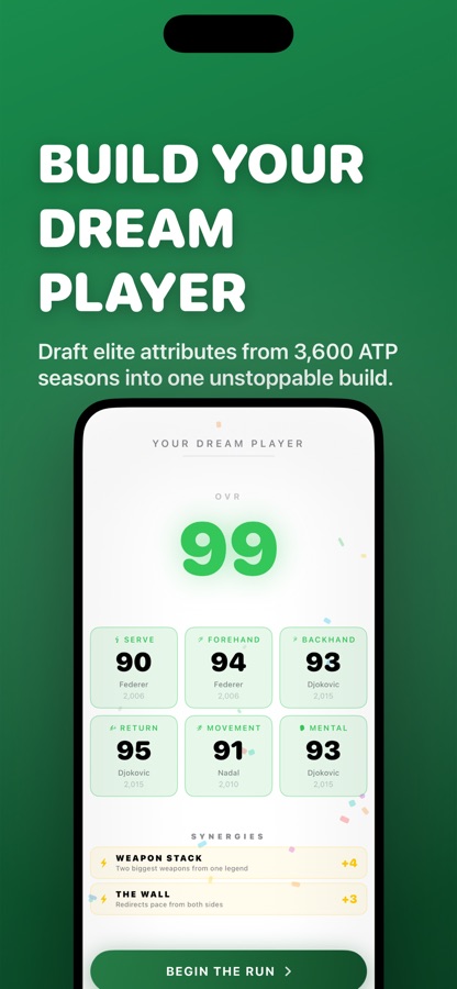 28-0 Tennis Draft Slam app screenshot showing a dream player build with high overall rating